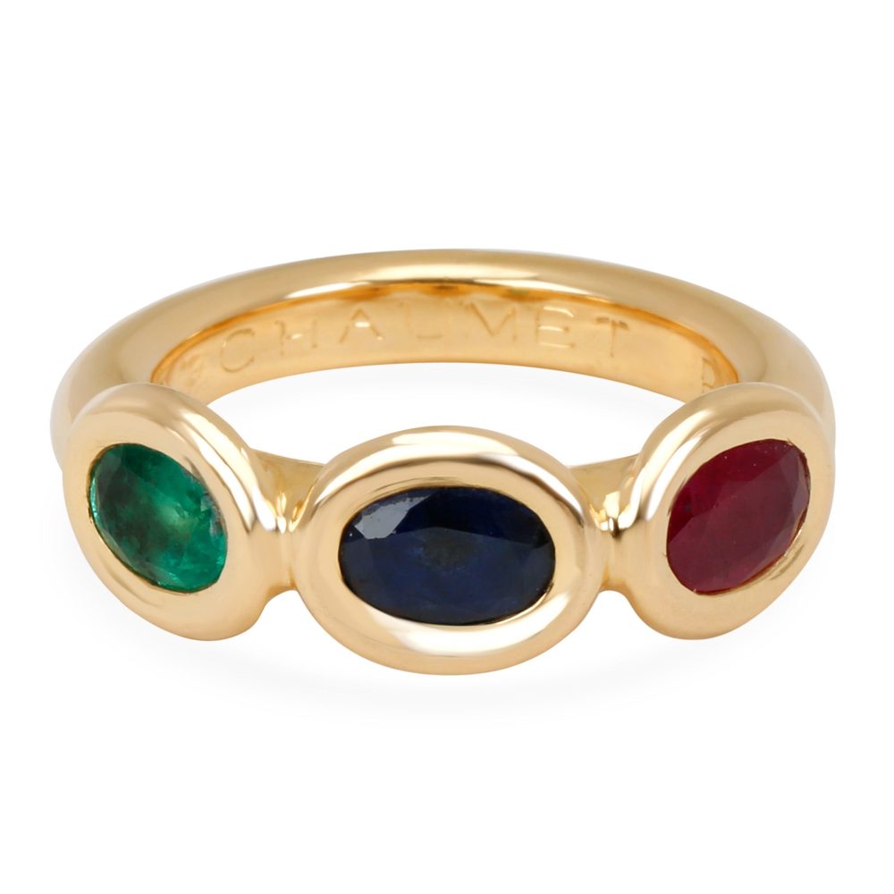 Chaumet Three Stone Sapphire, Emerald & Ruby Gemstone Ring in 18K Yellow Gold